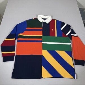 Polo Ralph Lauren Shirt 2XL Rugby Patchwork Striped Vtg Alpine Jersey LS USA